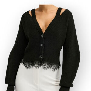 Commense Black Lace Hem Knit Cardigan – Dark Romantic  - Classic - NWT - L